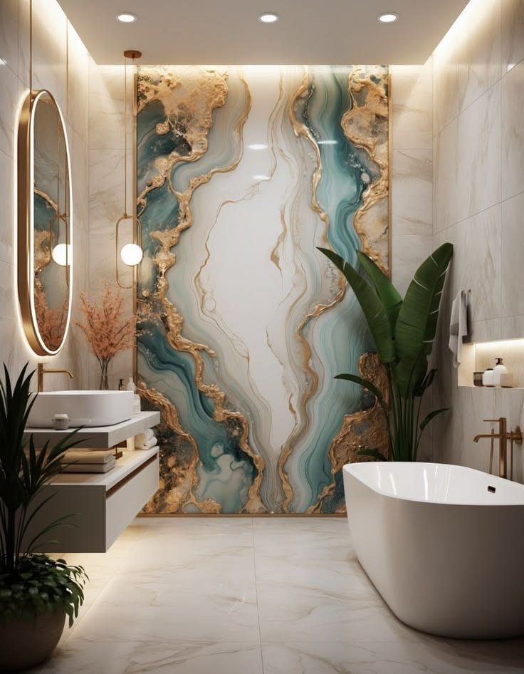 Baignoire Îlot & Habillage Mural Marbre